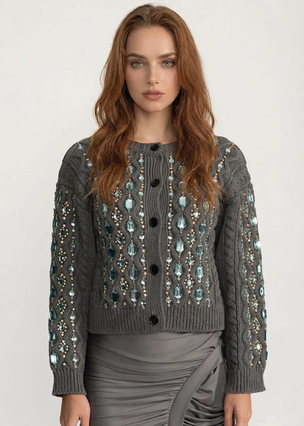Viviana - Cable Knit Cardigan with Embellished Gem Detailing