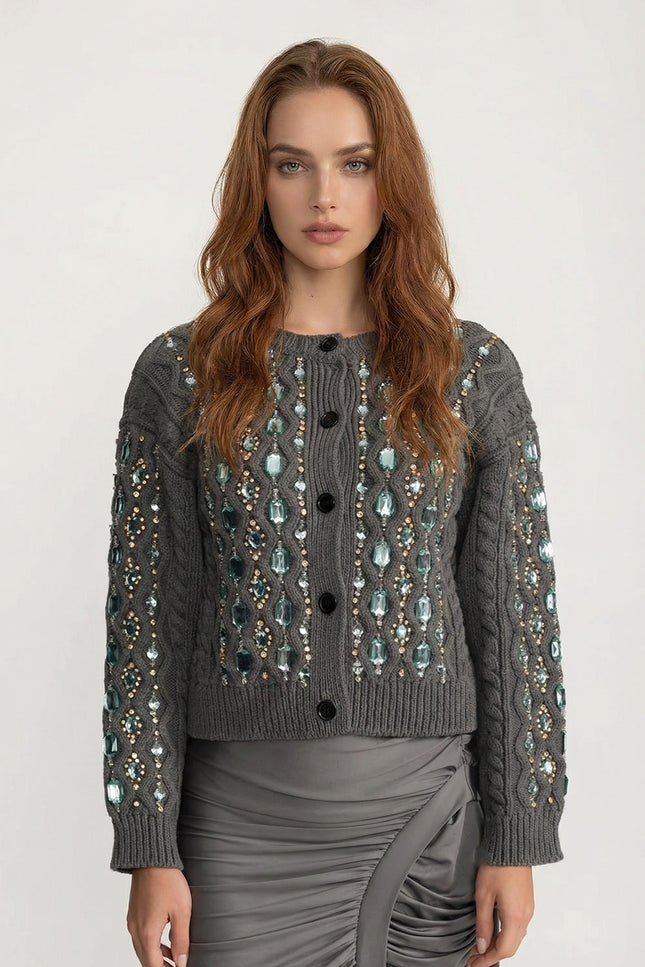 Viviana - Cable Knit Cardigan with Embellished Gem Detailing