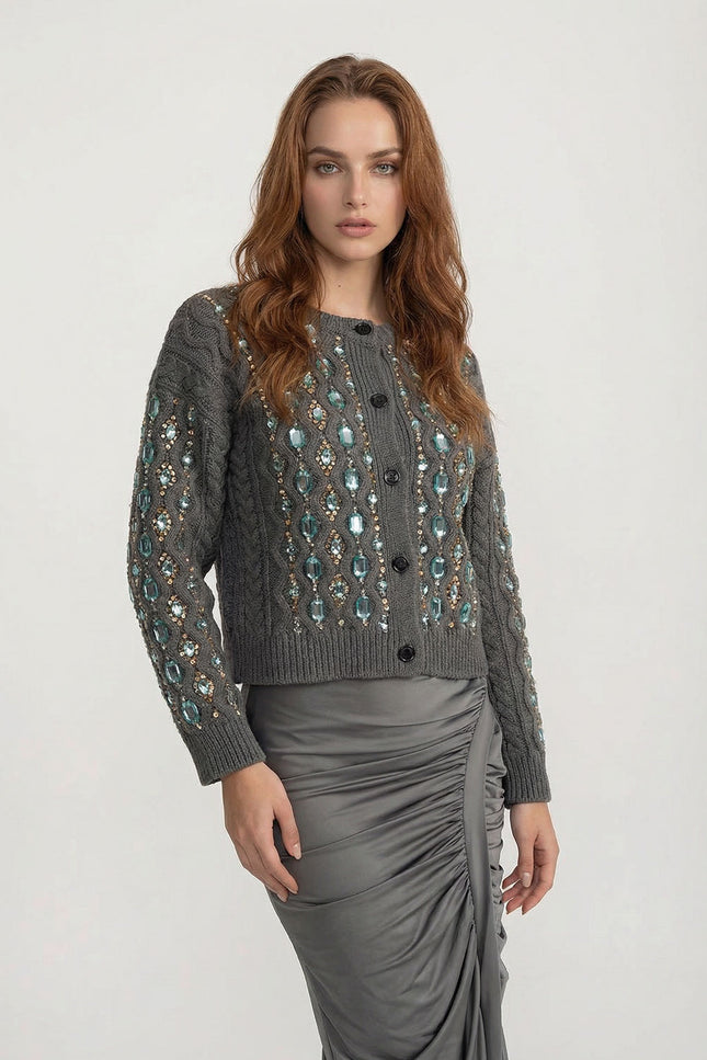 Viviana - Cable Knit Cardigan with Embellished Gem Detailing