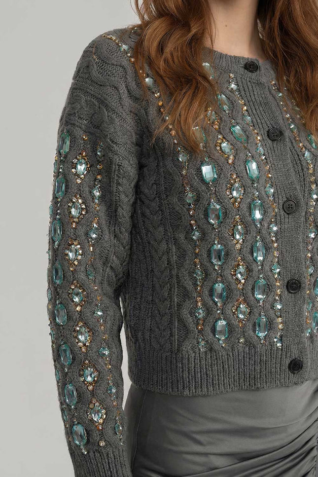 Viviana - Cable Knit Cardigan with Embellished Gem Detailing