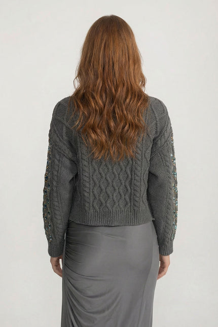 Viviana - Cable Knit Cardigan with Embellished Gem Detailing