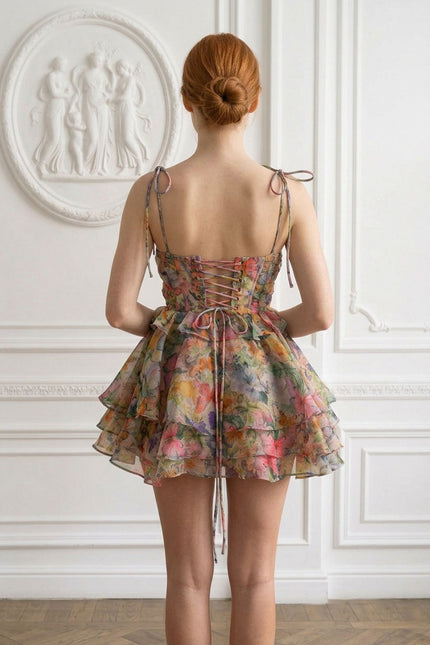 Yelena - Printed Ruffled Mini Dress with Corset Back