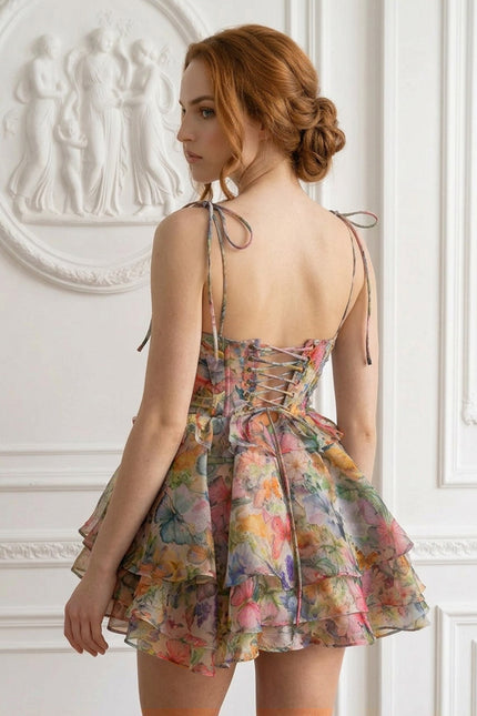 Yelena - Printed Ruffled Mini Dress with Corset Back