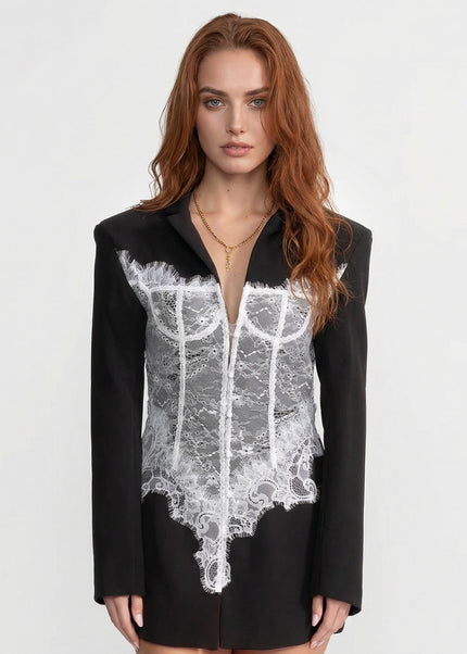 Yvonne - Lace Corset Blazer Dress with Deep V-neckline