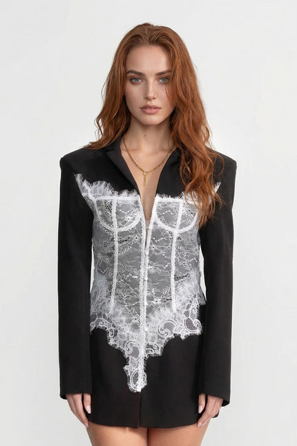 Yvonne - Lace Corset Blazer Dress with Deep V-neckline
