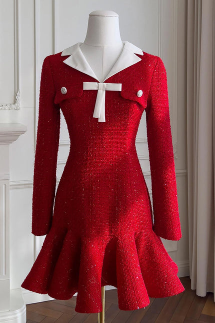Zafira - Bow Detail Tweed Dress with Contrast Collar