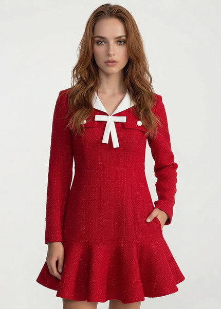 Zafira - Bow Detail Tweed Dress with Contrast Collar