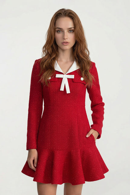 Zafira - Bow Detail Tweed Dress with Contrast Collar
